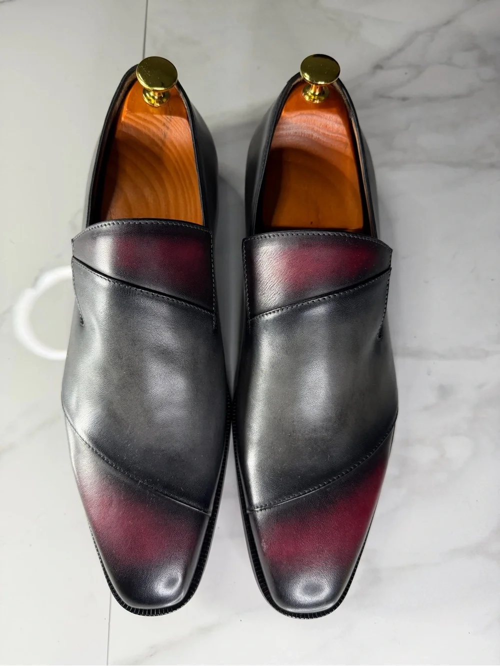 Men's Black Leather Slip-On Loafers with Burgundy Patina
